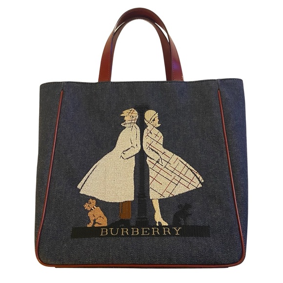 RARE Vintage Burberry Embroidered with Red Leather Trim Handbag Blue Denim Tote - Picture 1 of 16